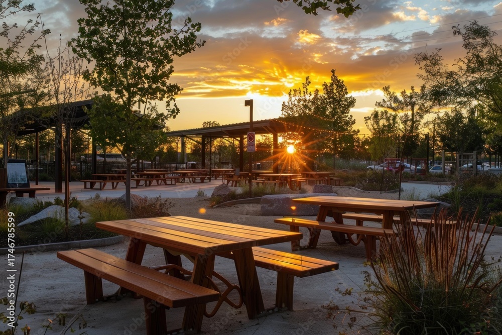 Fototapeta premium Empty picnic area with wooden tables and benches bathed in golden light of a beautiful sunset