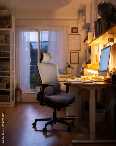 Cozy Home Office Setup with Ergonomic Chair and Computer in Evening Light