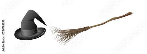Witch hat and magic broom. Halloween stickers. Set of vector illustrations for all saints ' day. Mystical witchcraft. Print.