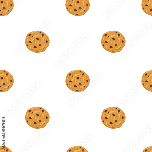 Chocolate chip cookies simple seamless pattern with whole cookies on white background. Vector hand drawn illustration for packaging design, wrapping paper, cafe menu, textile prints