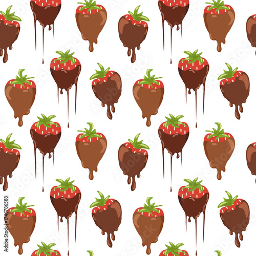 Seamless pattern with strawberries dipped in melting chocolate on white background. Vector hand drawn illustration for packaging design, dessert branding, wrapping paper and Valentine’s cards