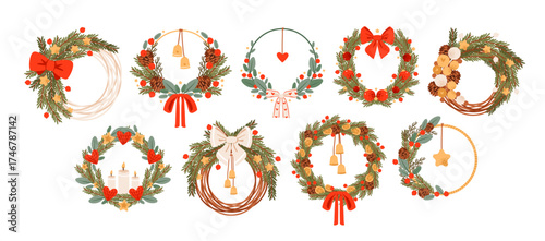 Christmas wreaths with holly, pine branches, and festive ornaments. Handmade holiday wreath. Elegant evergreen and classic Christmas decorations. Vintage seasonal set.