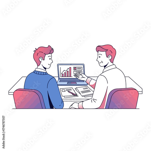 Two men in business attire discussing a financial report on a laptop screen at a desk.
