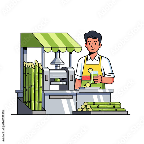 Illustration of a man selling fresh sugarcane juice at a street stall with a juicer machine and green sugarcane stalks.