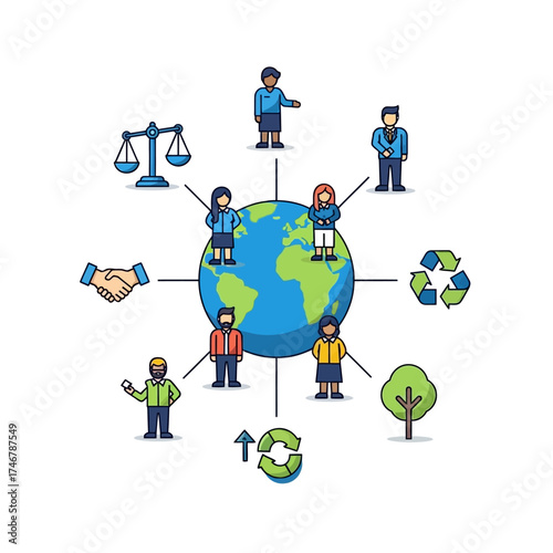 Illustration of people around the world with symbols of sustainability and social issues.