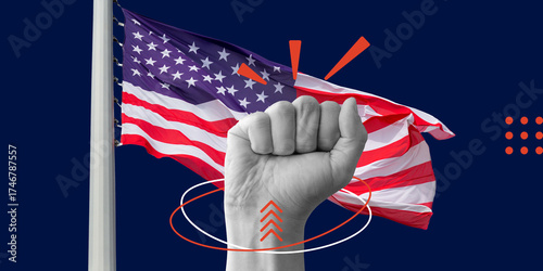 Fist raised in front of US flag on dark background. Concept of power, freedom, protest, and political activism. Minimalist art collage