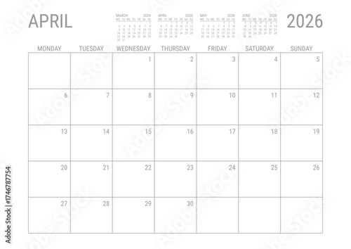 April Calendar 2026 Monthly Planner Printable A4 Monday Start	