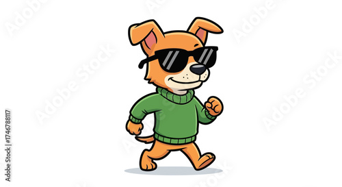 Cartoon dog character wearing sunglasses and green sweater walking happily isolated, very creative