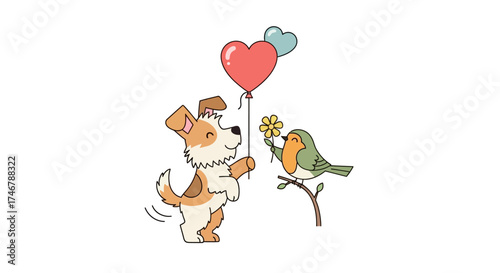 Charming Cartoon Illustration Featuring a Dog Presenting Balloons and a Flower to a Bird on a Branch