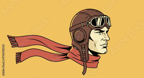 Vintage Pilot Portrait Illustration with Leather Helmet Goggles and Flowing Scarf Aviation Heritage