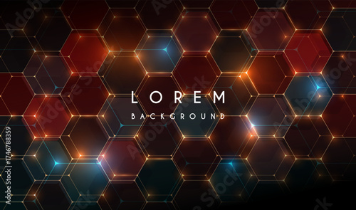 Red and blue hexagon abstract background with golden lines