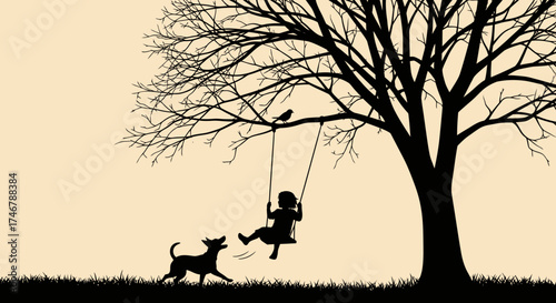 Silhouette of a child on a swing with a dog under a tree in autumn season