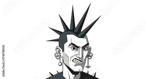 Cartoon drawing of a punk man with a mohawk hairstyle and intense expression, an alternative
