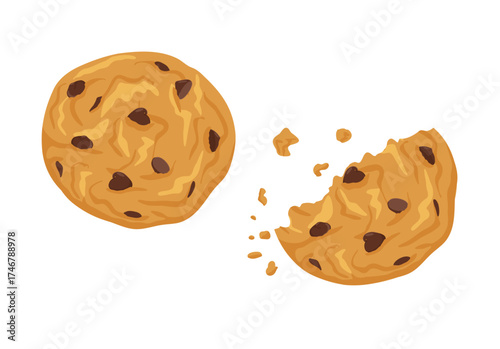 Chocolate chip cookies with crumbs isolated on white background. Vector hand drawn cartoon illustration for packaging design, menu, invitations, stickers, print