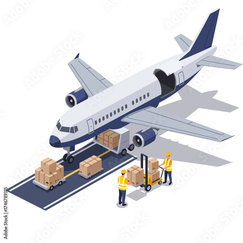 Vector art of isometric airplane with workers loading boxes