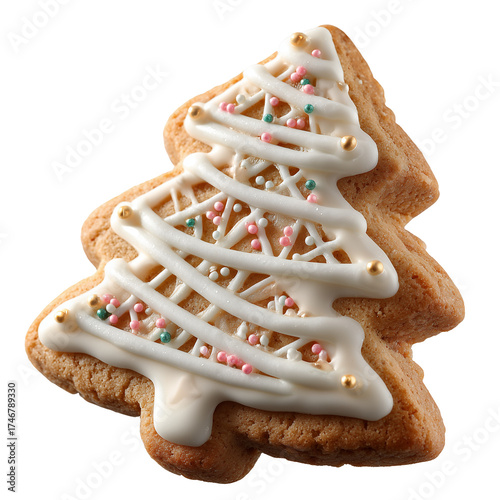 Christmas tree shaped cookie with white icing and colorful sprinkles