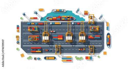 Vector art of cargo port with ships, containers, cranes