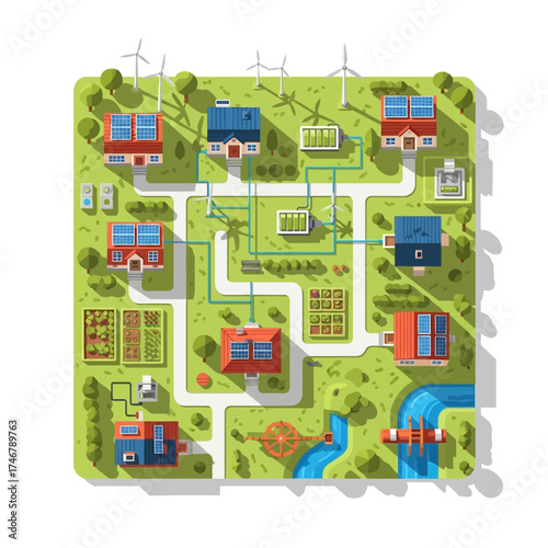 Vector art of top view of a modern ecofriendly city with solar panels and windmills