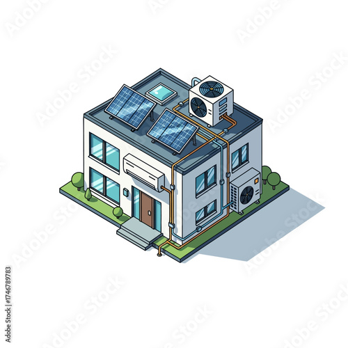 Vector art of isometric house with solar panels and air conditioning