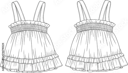 Cute baby girl dress, summer toddler outfit, shirred bodice frock, ruffle hem babywear, kids clothing design, CAD vector sketch