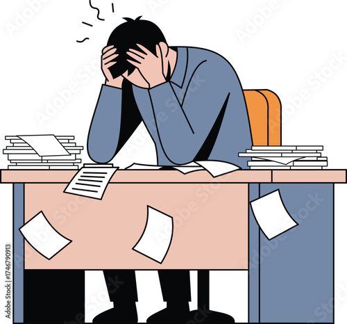 Vector art of man stressed at desk with piles of paper