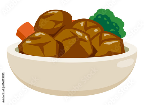 A tasty stewed meat vector in a ceramic bowl with vegetables, ideal for restaurant posters, recipe books, or cooking illustrations.