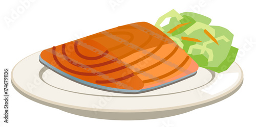 Grilled salmon fillet vector illustration with fresh vegetables, suitable for diet menu, seafood ads, or healthy lifestyle projects.