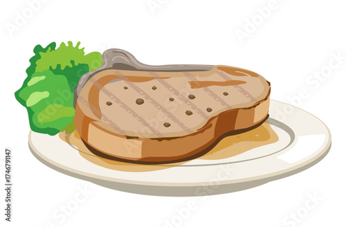 Grilled steak vector illustration with sauce and salad, great for BBQ designs, restaurant menu art, or cooking-themed projects.