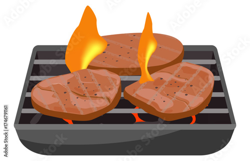 Grilled steak vector on barbecue flames, perfect for restaurant ads, BBQ posters, or food illustration designs.