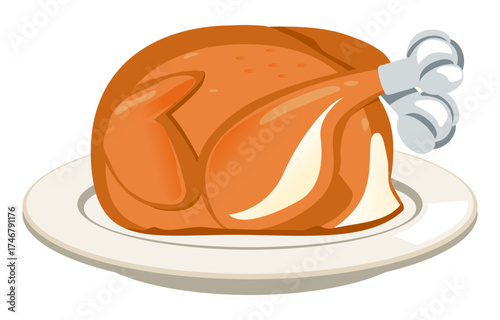 Whole roasted chicken vector illustration on a plate, ideal for restaurant menus, holiday meals, or family dinner designs.