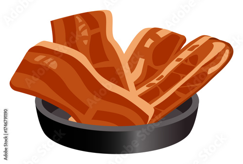 Delicious crispy bacon vector illustration in a black bowl, perfect for breakfast design, food packaging, or restaurant menu decoration.