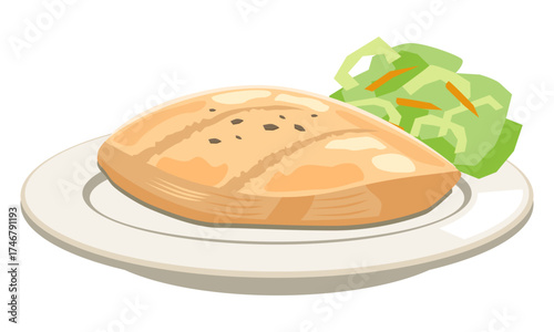 Grilled chicken breast steak vector illustration served with fresh green salad, perfect for healthy food design, restaurant menus, or diet concepts.