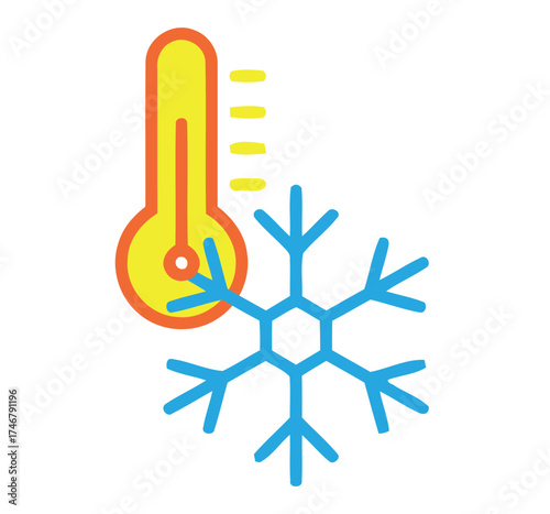 Vector icon symbolizing cold temperature and freezing weather, featuring a thermometer reading low and a stylized snowflake. Ideal for weather apps or climate graphics