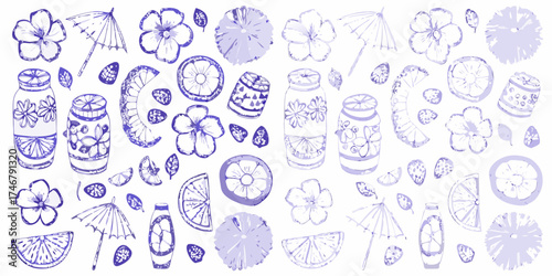 Collection of hand drawn purple floral elements citrus slices and decorative jars with umbrellas