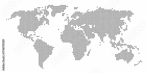 Abstract world map composed of black dots on a white background representing global connection and data
