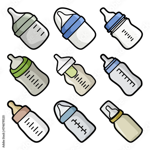cute colorful baby milk bottles cartoon illustration