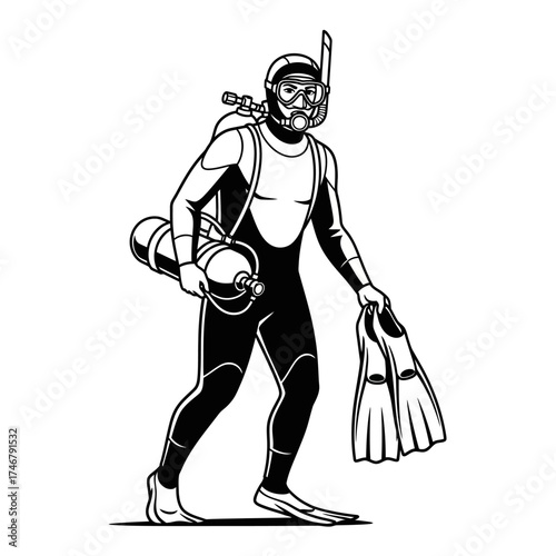 Monochrome vector illustration of a scuba diver in full gear.
