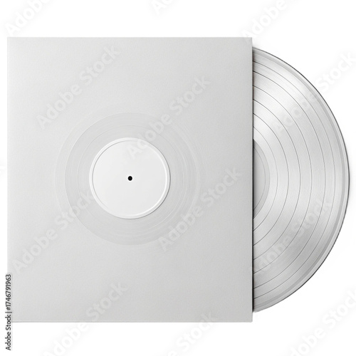 whait vinyl record LP with blank sleeve and white label mockup, top view. Isolated on transparent background, png