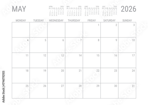 May Calendar 2026 Monthly Planner Printable A4 Monday Start	
