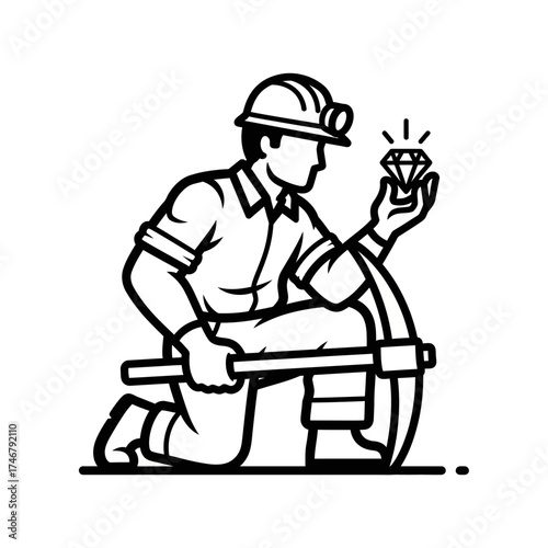Wallpaper Mural Black and white line art of a kneeling miner holding a sparkling diamond. Torontodigital.ca