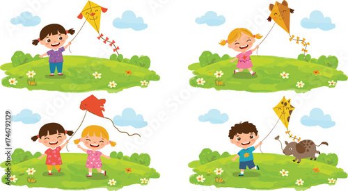 Cartoon children flying animal-shaped kites in grassy park with flowers, clouds, and blue sky in joyful outdoor playtime scene