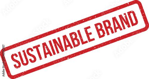 A prominent red grunge textured rubber stamp showcases the text sustainable brand for corporate identity