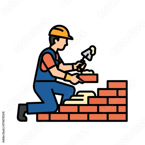 Construction worker building a brick wall with trowel and bricks.