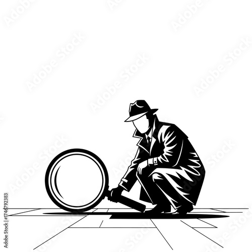 Detective Inspecting Floor with Magnifying Glass in Noir Style.