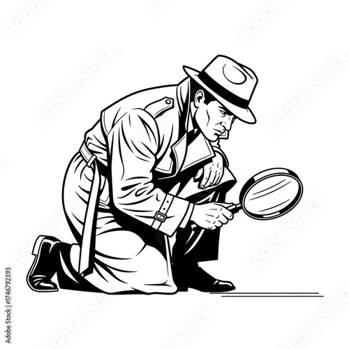 Detective in Trench Coat Examining Clues with Magnifying Glass.