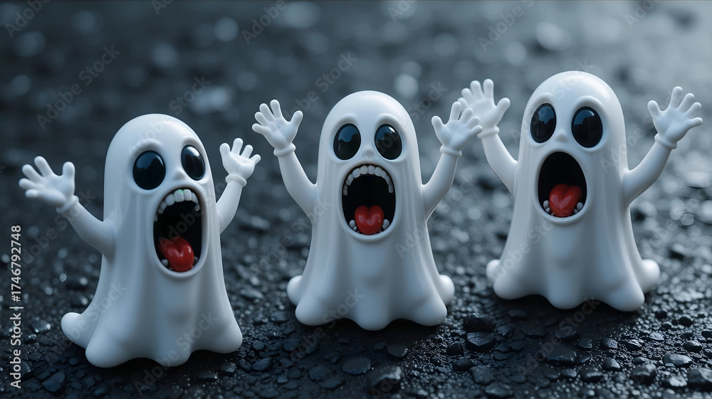 Obraz premium Close-up of Three Cute Miniature Ghosts Screaming with Hands Up in Fright or Excitement on a Dark and Spooky Background for Halloween Party Invitation and Fun Design