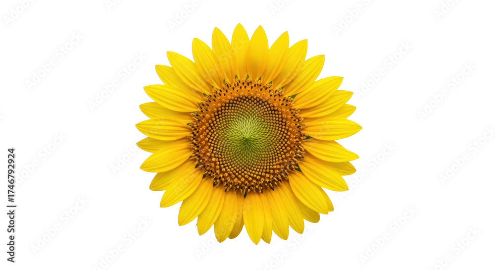 Fototapeta premium Isolated cheerful single sunflower, brilliant petals and contrasting center, vibrant color