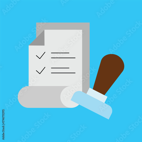 Flat vector icon of a verified document with a rubber stamp, representing certification, compliance, and official confirmation