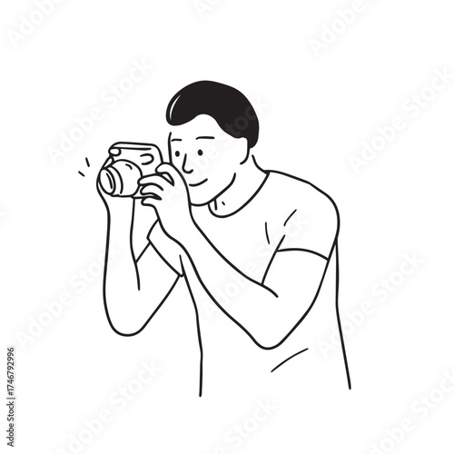 Illustration of a man taking a photo with a Polaroid camera — travel and photography vector