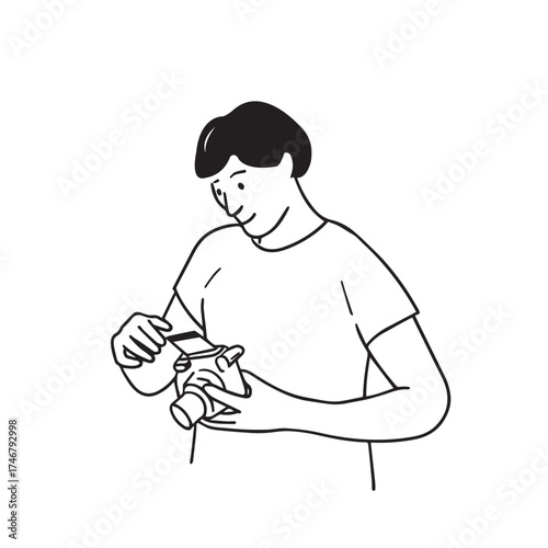 Illustration of a man checking a photo from a Polaroid camera — travel and photography vector